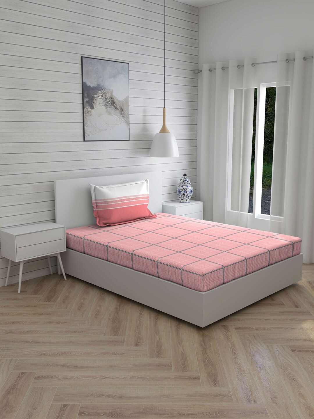 Layers Pink & Black Geometric 140 TC Cotton 1 Single Bedsheet with 1 Pillow Covers