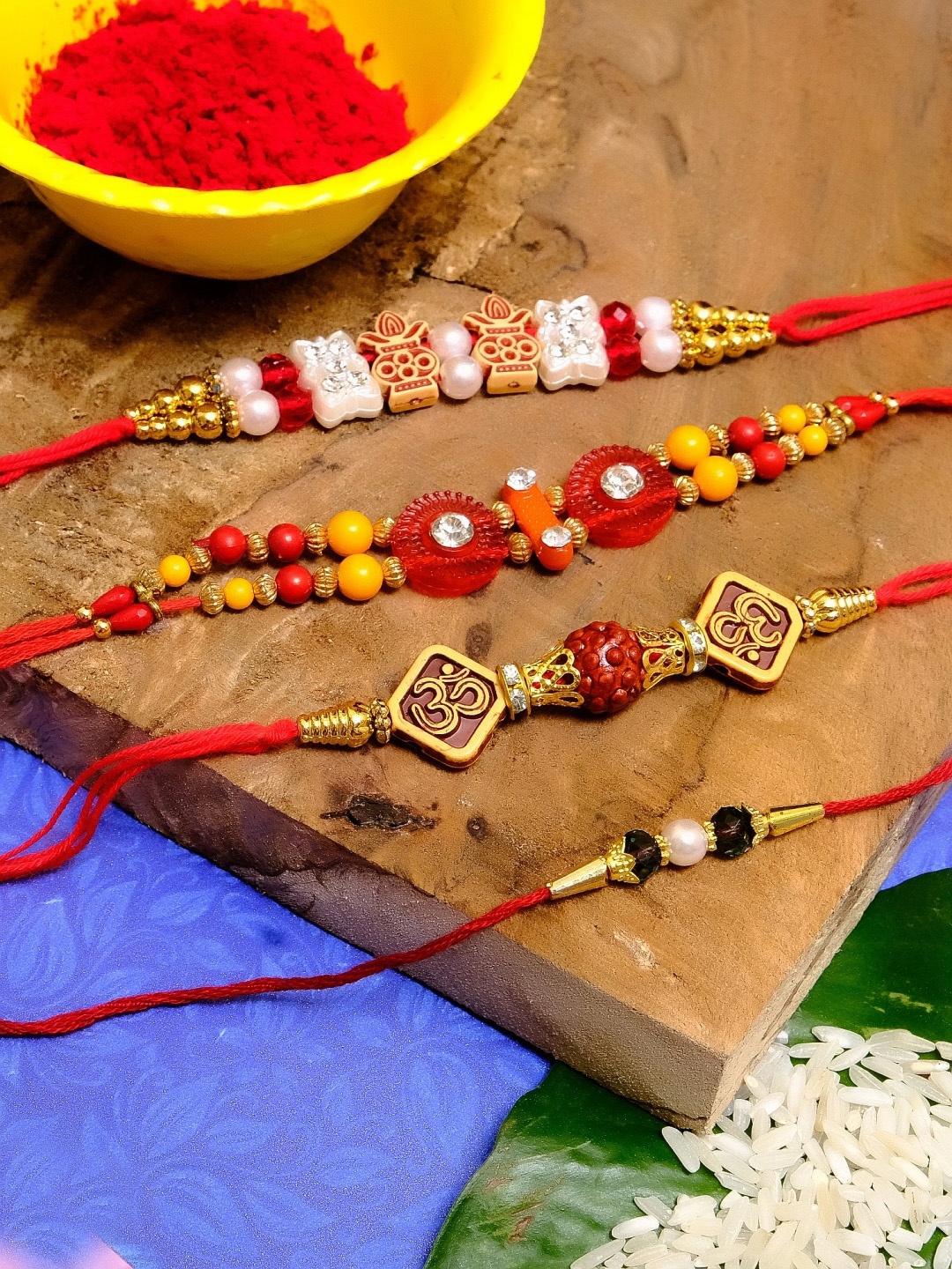 

Crunchy Fashion Men Set of 4 Stone Studded Beaded Rakhi, Red