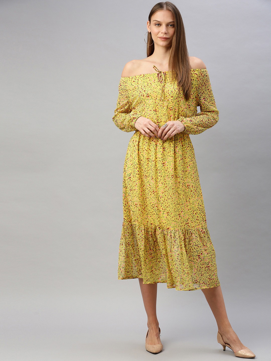 

Sera Yellow & Maroon Floral Off-Shoulder A-Line Midi Dress