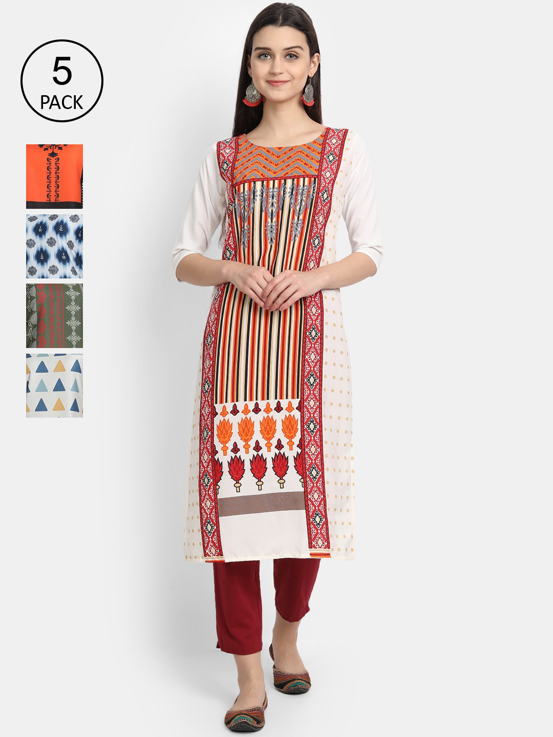 

Ethnic basket Women Set of 5 Multicoloured Ethnic Motifs Printed Crepe Kurta, Multi