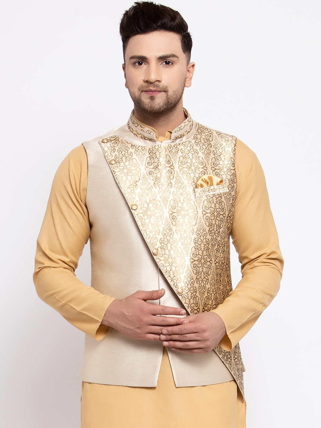 

MAXENCE Men Beige & Gold-Coloured Woven Design Slim-Fit Nehru Jacket