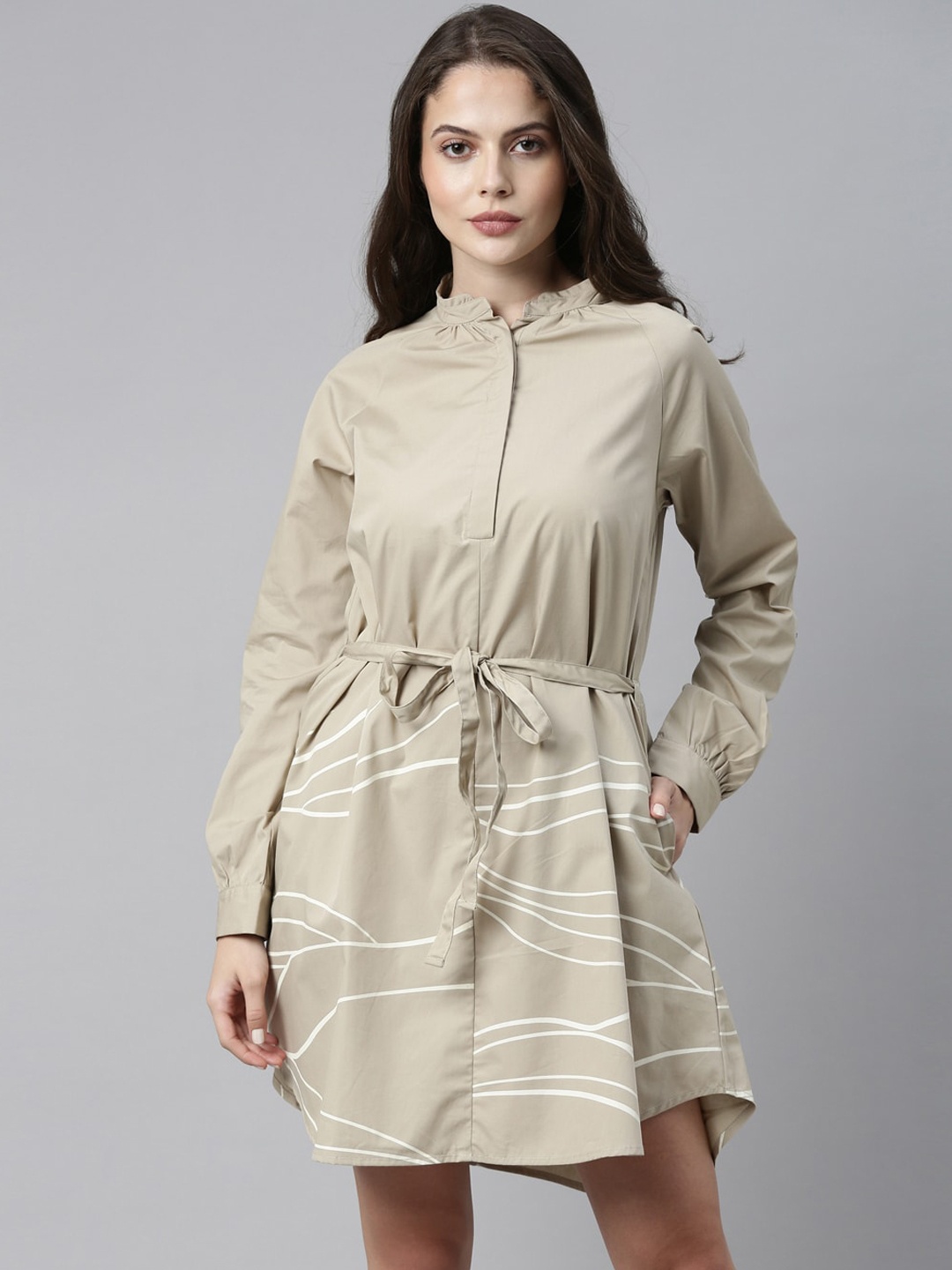 

RAREISM Beige Printed Waist Tie-Up Shirt Dress