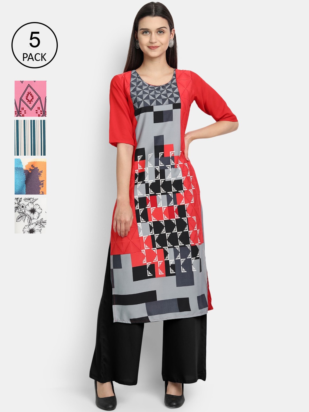 

Ethnic basket Women Pack Of 5 Multicoloured Geometric Printed Crepe Kurtas, Multi