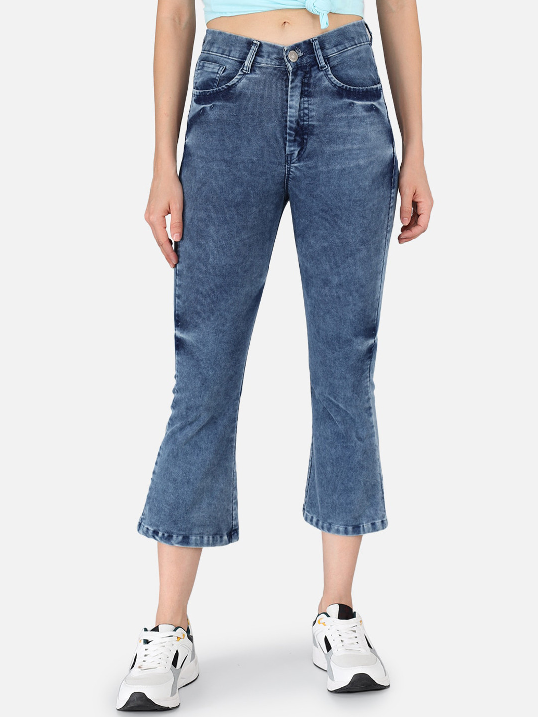 

The Dry State Women Blue Corduroy Straight Fit Bootcut Trousers