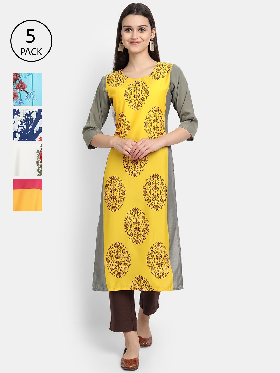 

Ethnic basket Women Pack of 5 Ethnic Motifs Printed Crepe Kurta, Multi