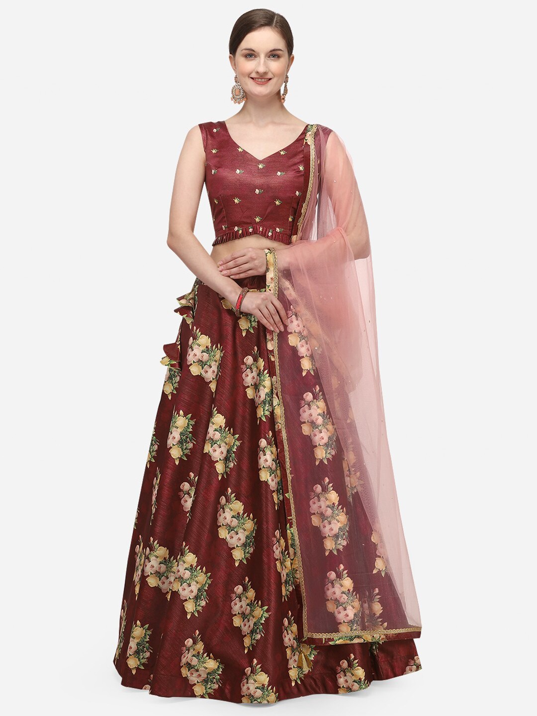 

NAKKASHI Brown & Cream-Coloured Printed Semi-Stitched Lehenga & Unstitched Blouse with Dupatta