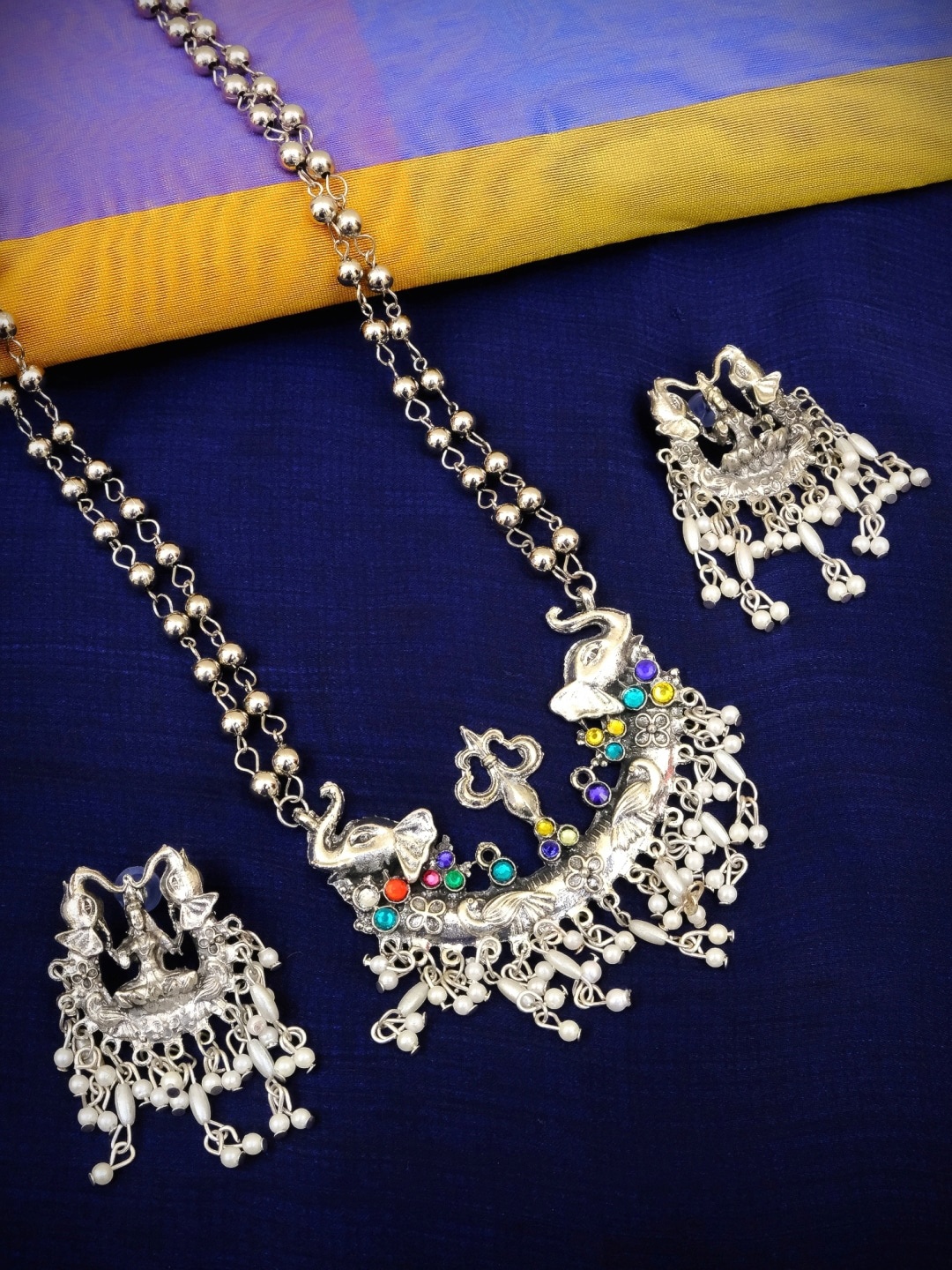 

Crunchy Fashion Silver-Plated Blue & White Stone-Studded Beaded Traditional Antique Jewellery Set