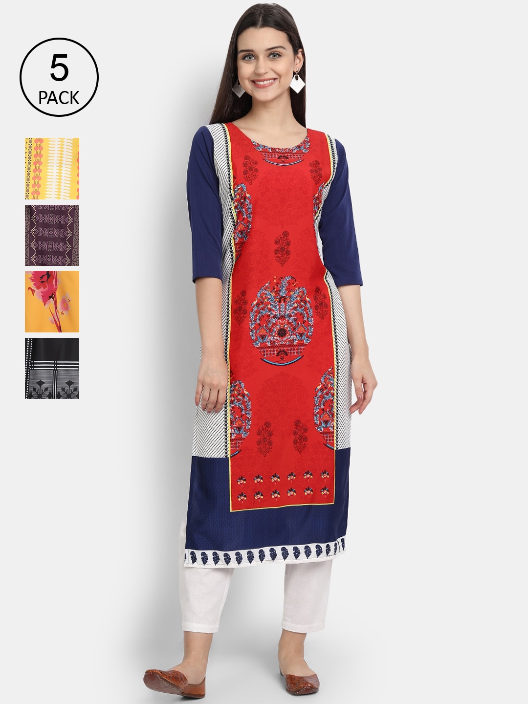 

Ethnic basket Women Set of 5 Multicoloured Printed Crepe Kurta, Multi