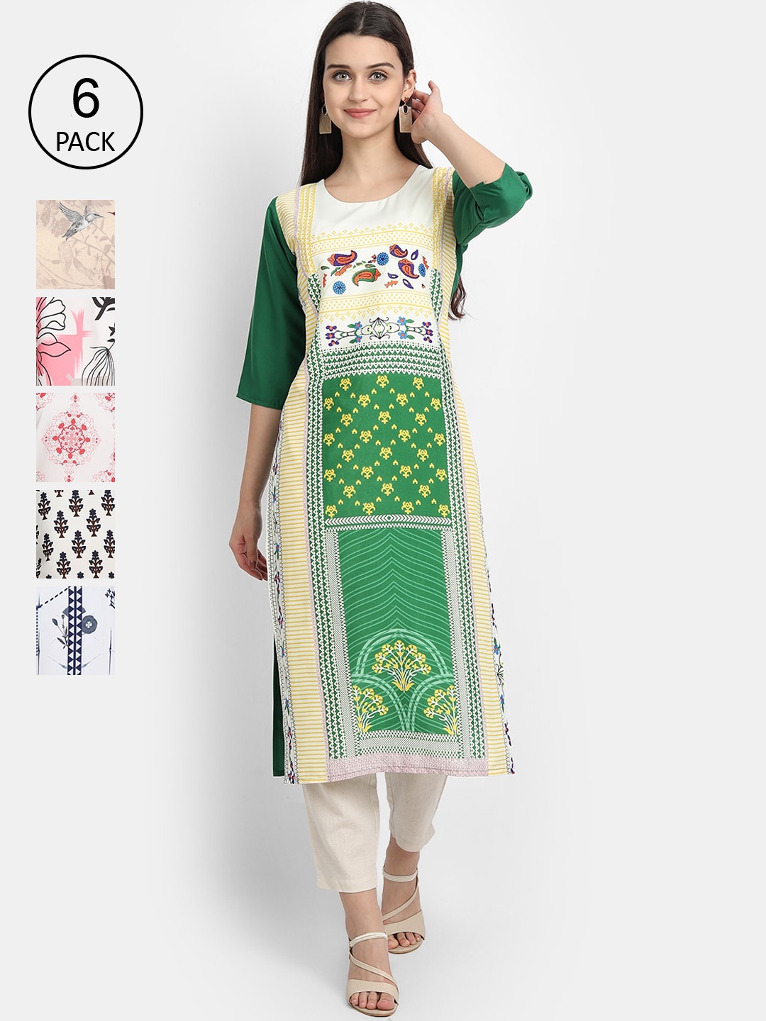 

Ethnic basket Women Set of 6 Multicoloured Ethnic Motifs Printed Crepe Kurta, Multi