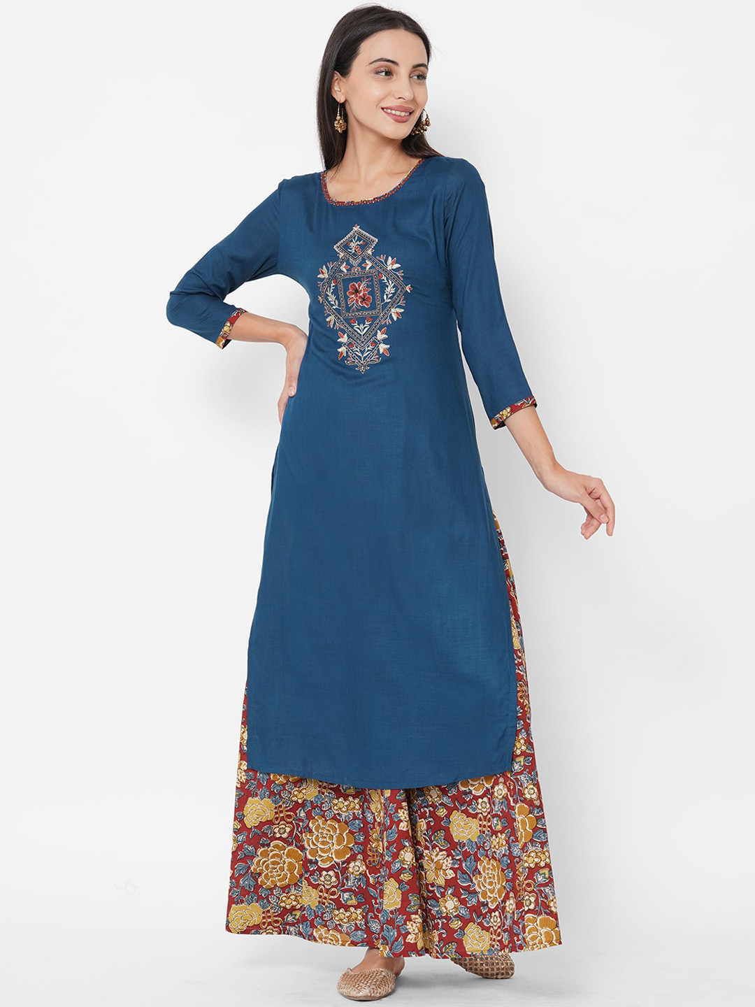 

FASHOR Women Blue & Brown Yoke Design Regular Straight Kurta with Skirt & 2-Ply Cloth Mask