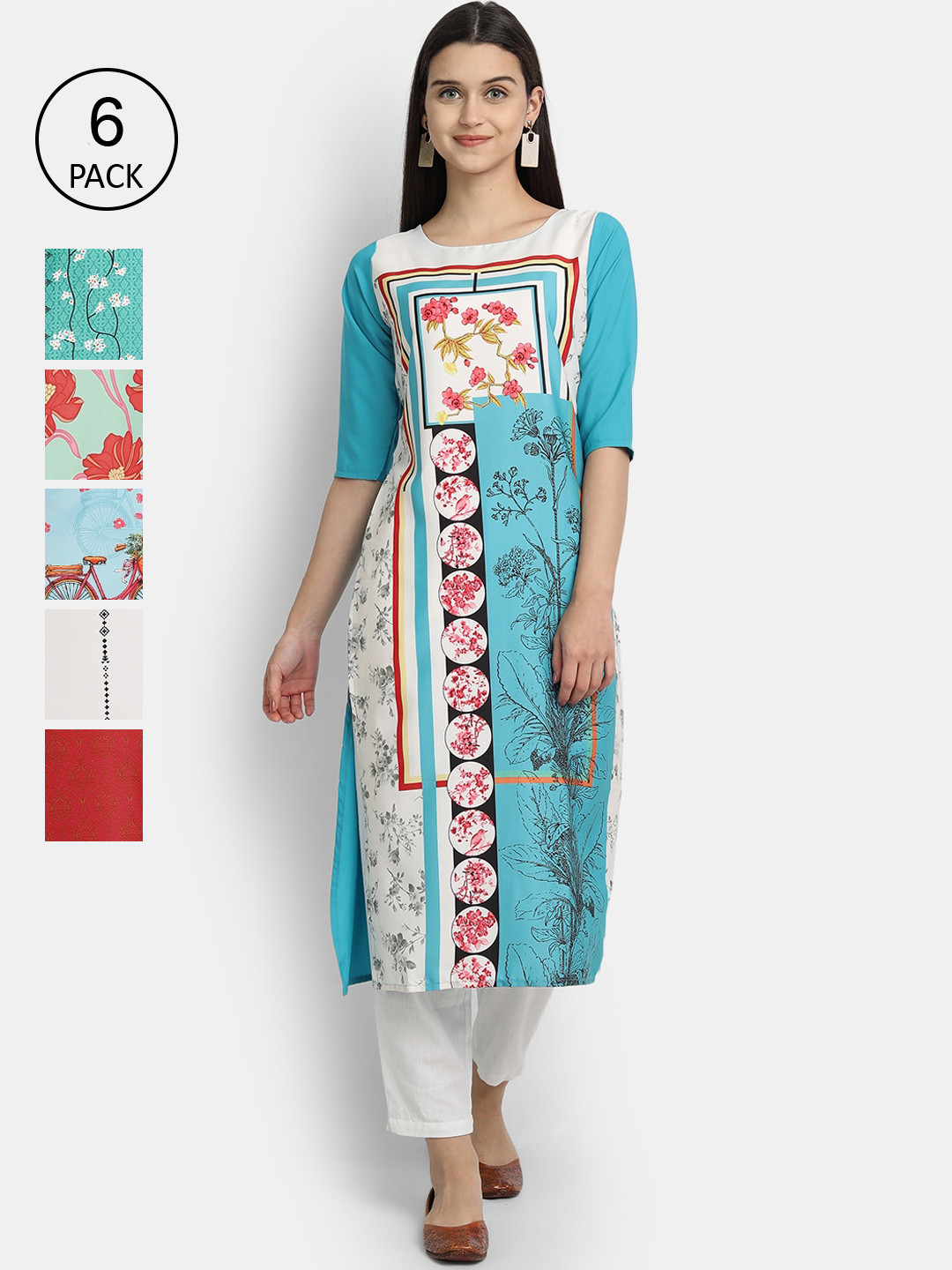 

Ethnic basket Women Set of 6 Multicoloured Ethnic Motifs Printed Crepe Kurta, Multi
