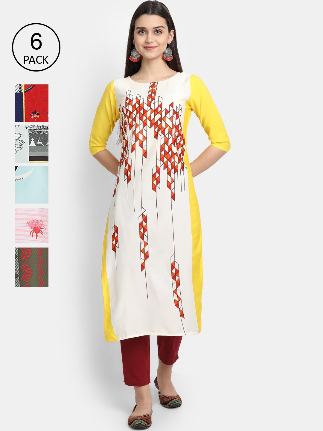 

Ethnic basket Women Pack Of 6 Printed Crepe Kurtas, Multi