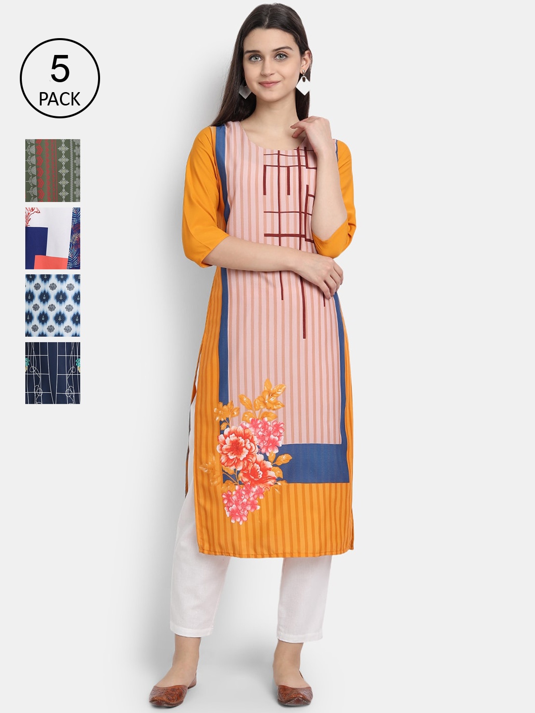 

Ethnic basket Women Multicoloured Geometric Printed Thread Work Crepe Kurta, Multi