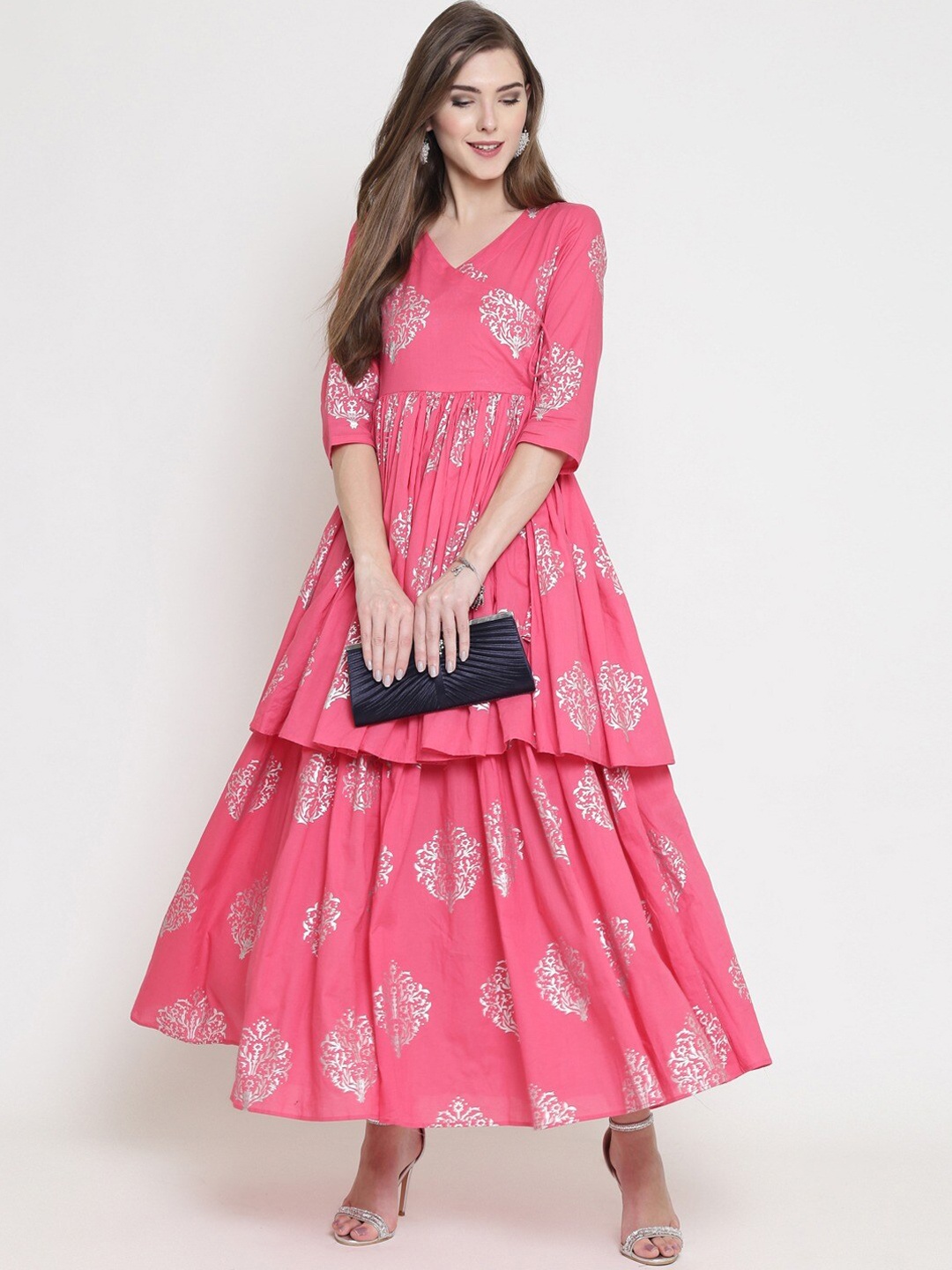 

Sera Pink & Silver Ethnic Motifs Print Tiered Angrakha Style Maxi Dress