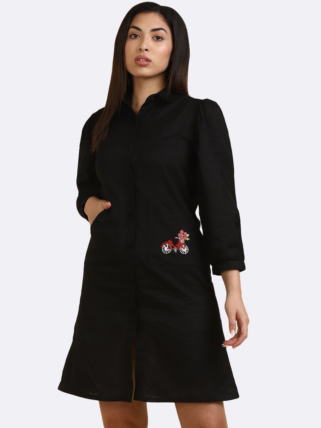 

DEEBACO Black Shirt Dress with Embroidery
