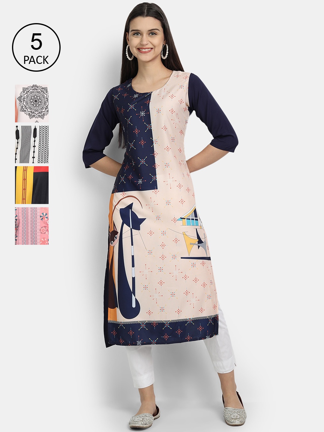 

Ethnic basket Women Multicoloured Printed Thread Work Crepe Kurta, Multi