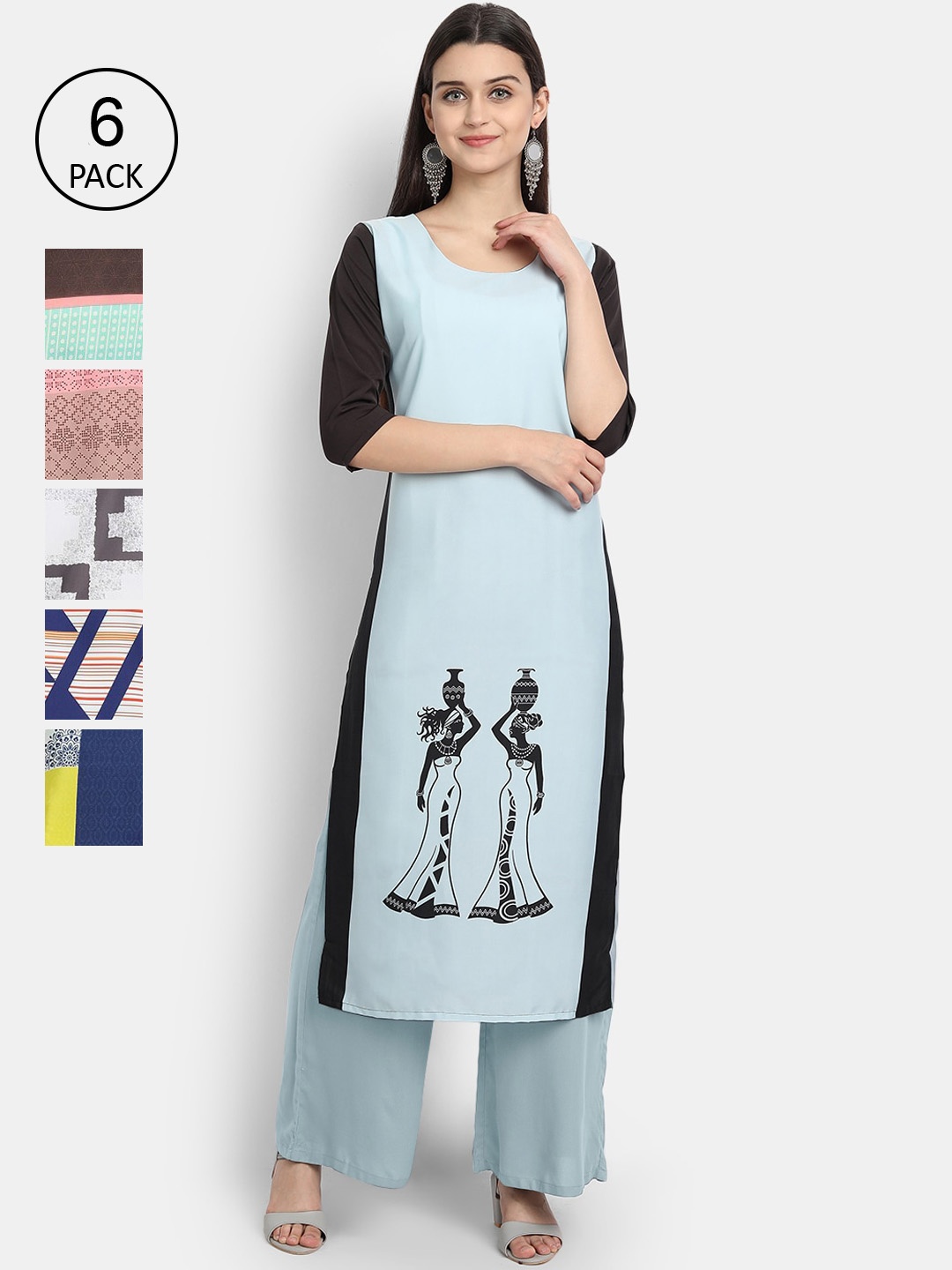 

Ethnic basket Women Pack Of 6 Printed Crepe Kurta, Blue