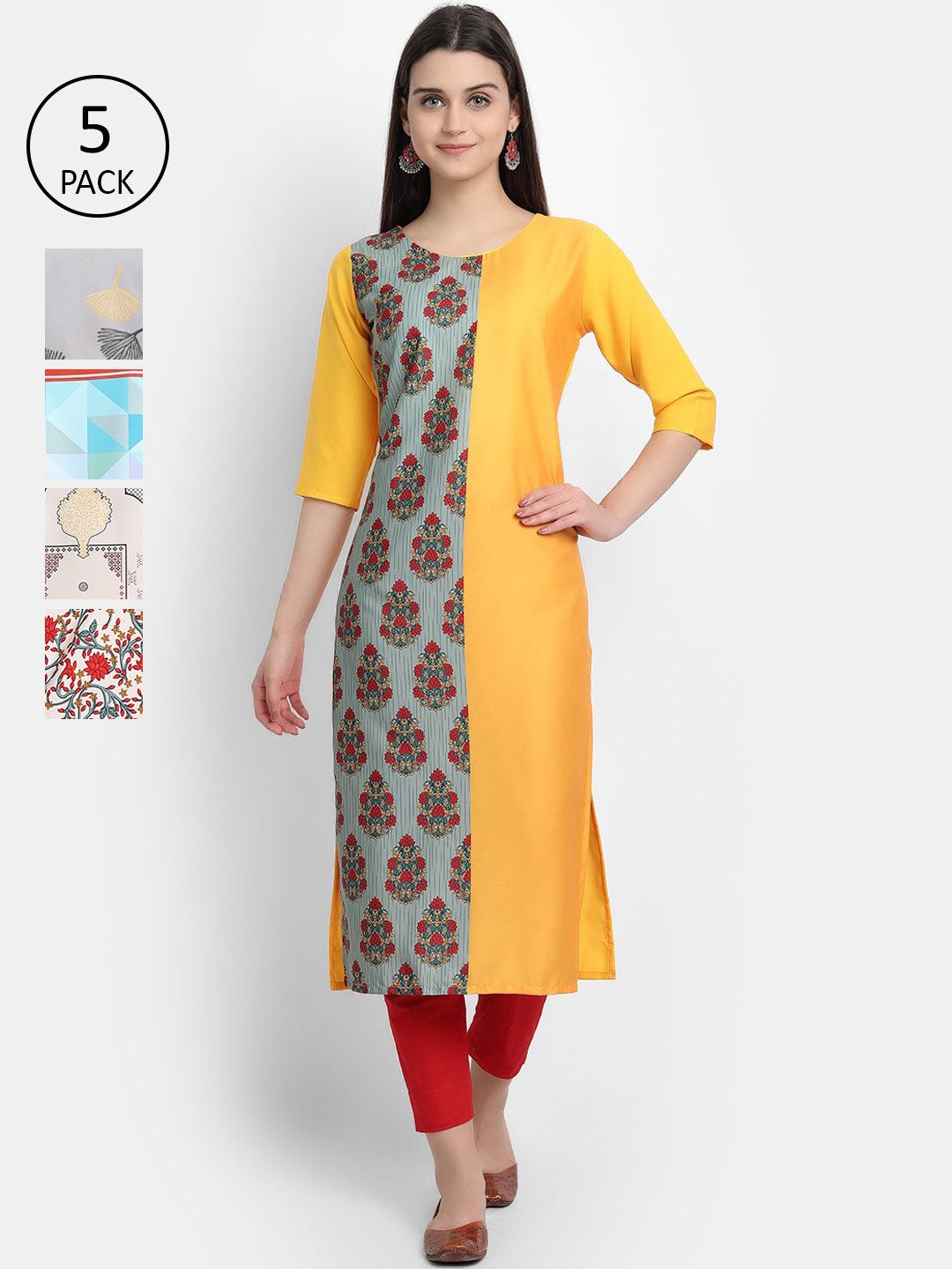 

Ethnic basket Women Pack of 5 Ethnic Motifs Printed Crepe Kurta, Yellow