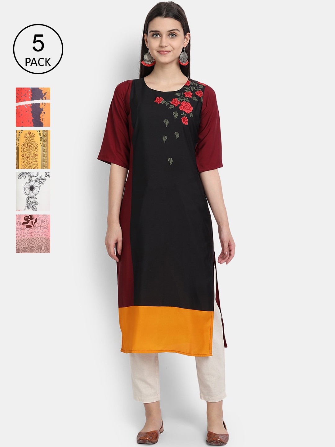 

Ethnic basket Women Pack Of 5 Printed Crepe Kurta, Black