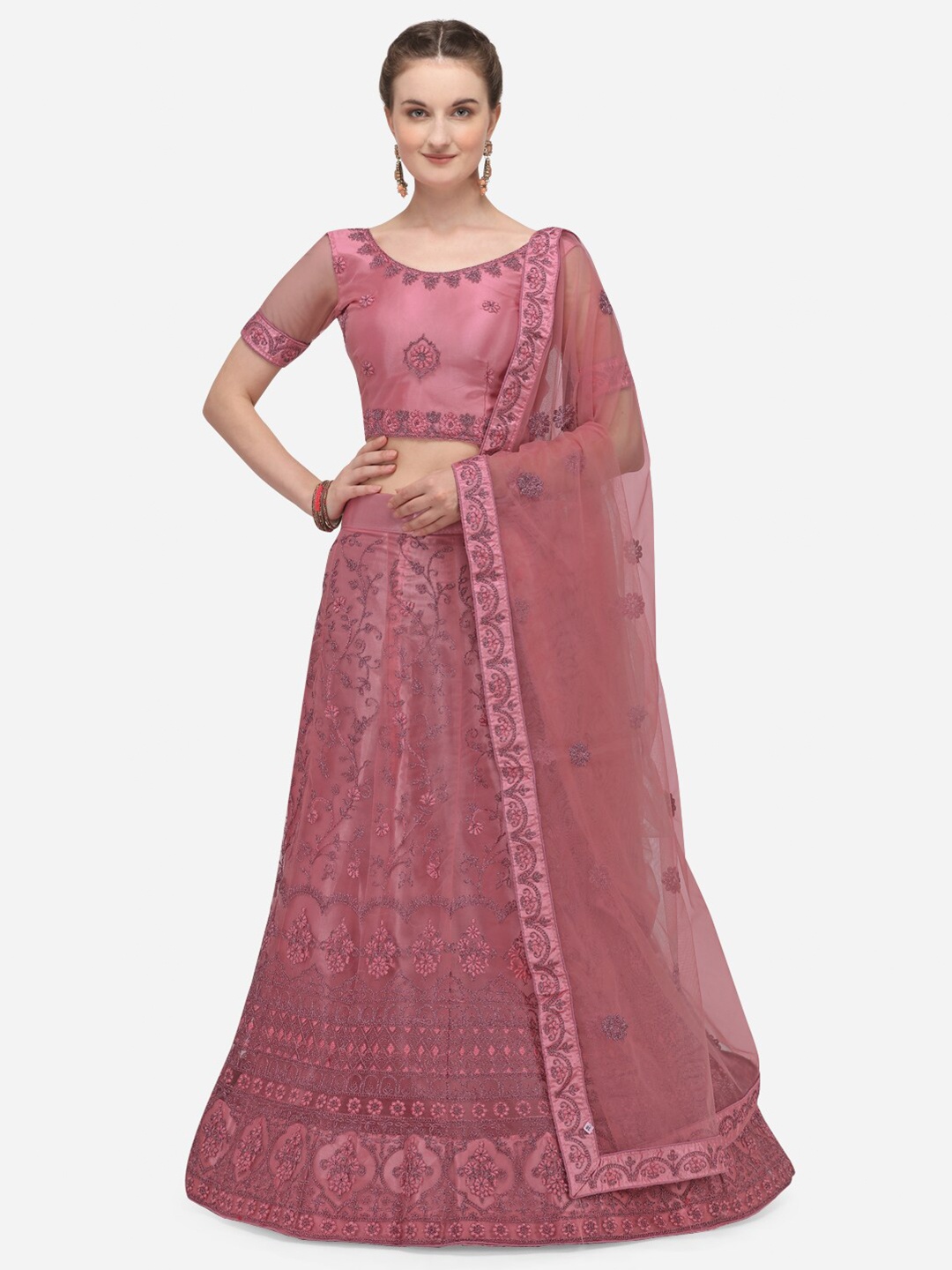 

Netram Women Pink Semi Stiched Embroidered Net Lehenga Choli