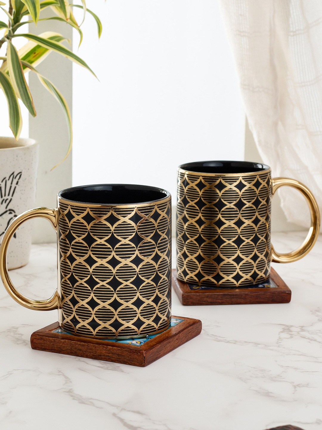 

CLAY CRAFT Black & Gold-Toned 2-Pieces Printed Ceramic Mugs Set