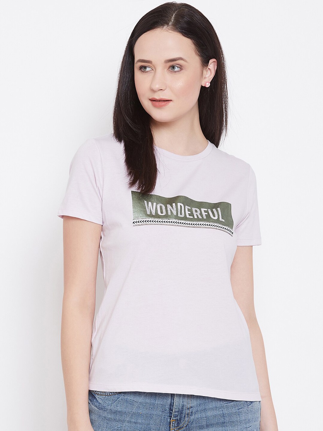 

Madame Women Purple & Green Printed Round Neck T-Shirt