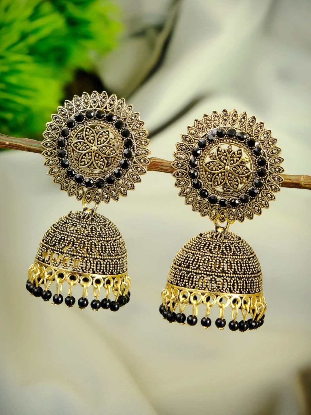 

Crunchy Fashion Black Antique Gold-Plated Stone Studded & Beaded Dome Shaped Jhumkas