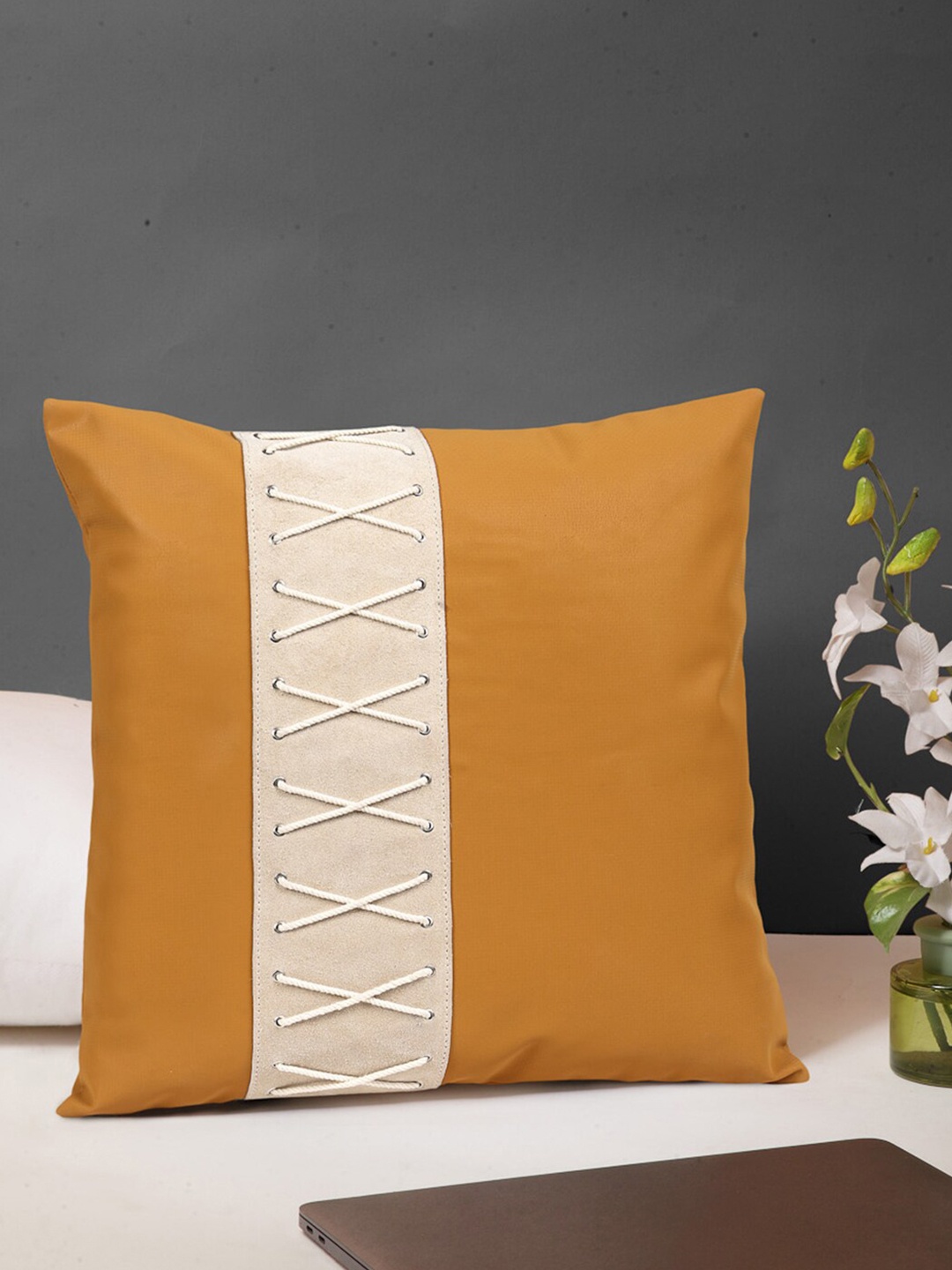 

IMUR Mustard Yellow & Cream-Coloured Set of Single Solid Square Cushion Covers