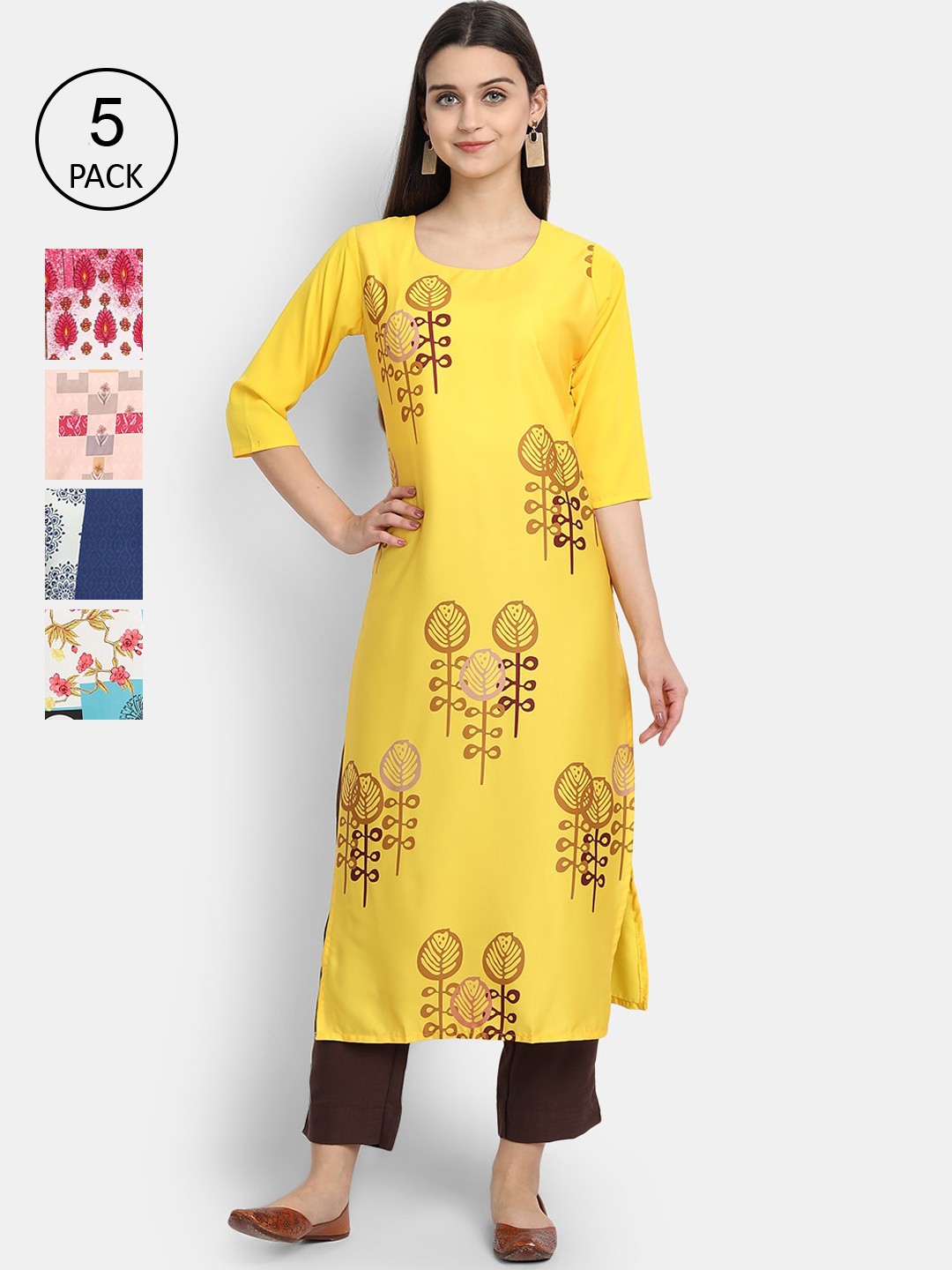 

Ethnic basket Women Pack of 5 Ethnic Motifs Printed Crepe Kurta, Multi