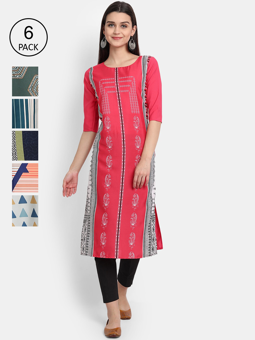

Ethnic basket Women Pack of 6 Ethnic Motifs Printed Crepe Kurta, Pink