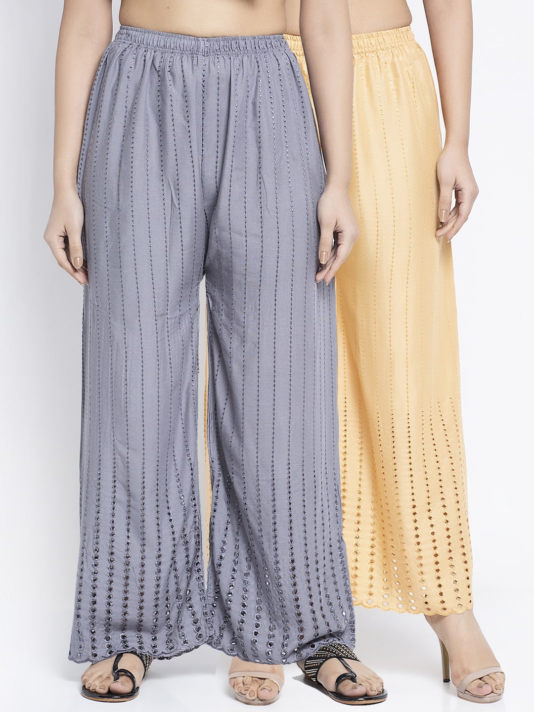 

GRACIT Women Grey & Beige Pack of 2 Embroidered Ethnic Palazzos