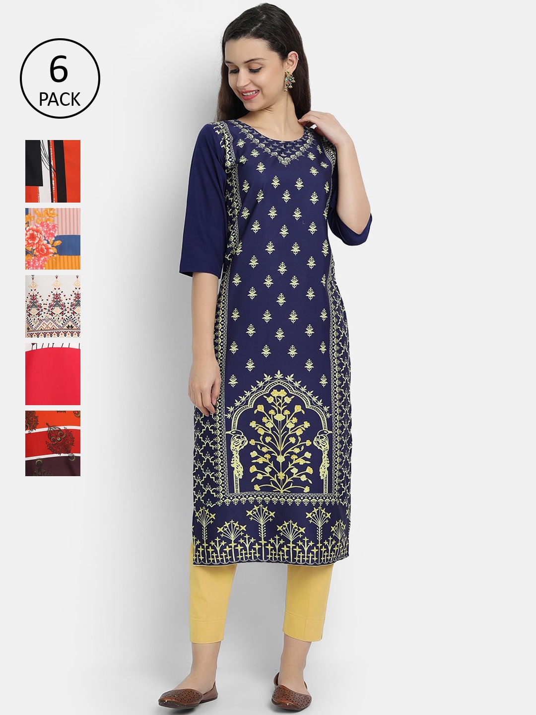 

Ethnic basket Women Pack Of 6 Multicoloured Quirky Printed Crepe Kurtas, Multi
