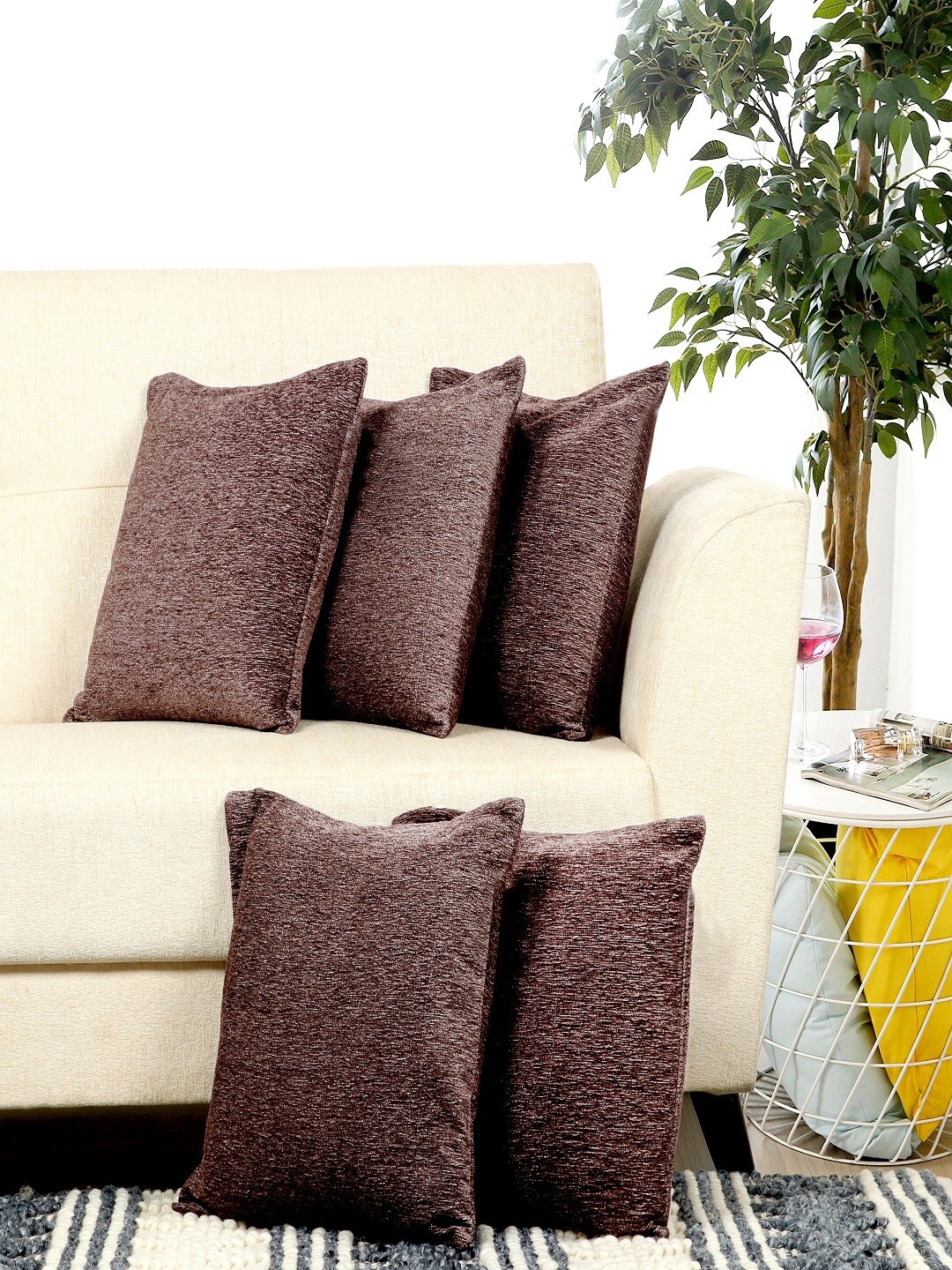 

BELLA TRUE Brown Set of 5 Self Design Square Cushion Covers
