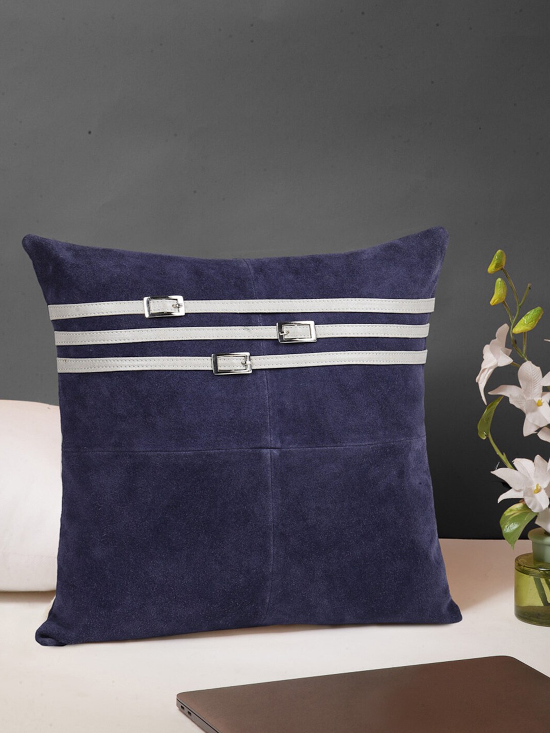 

IMUR Navy Blue & White Single Striped Square Leather Cushion Cover