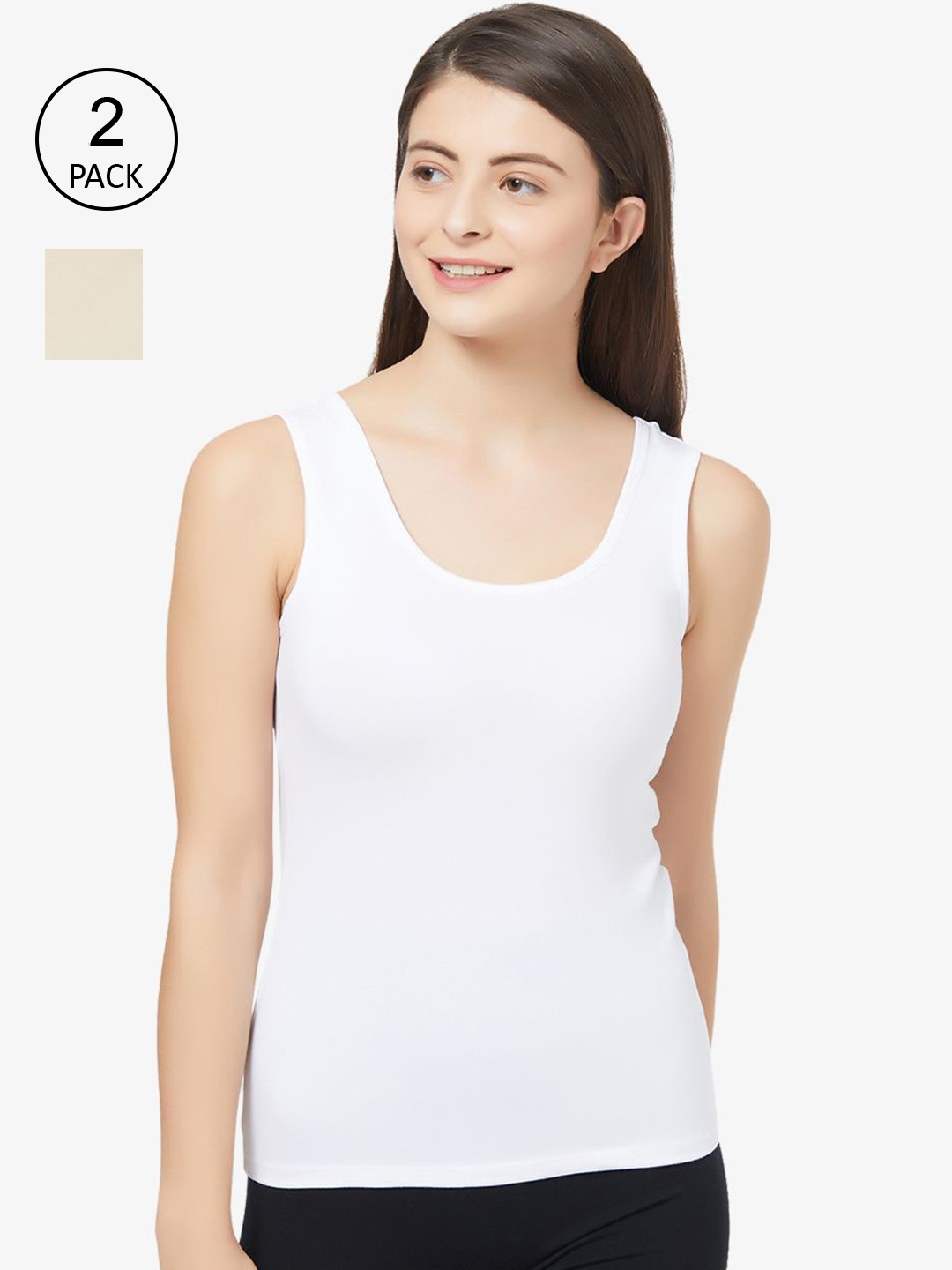 

Soie Women Pack of 2 White & Beige Solid Non-Padded Camisoles