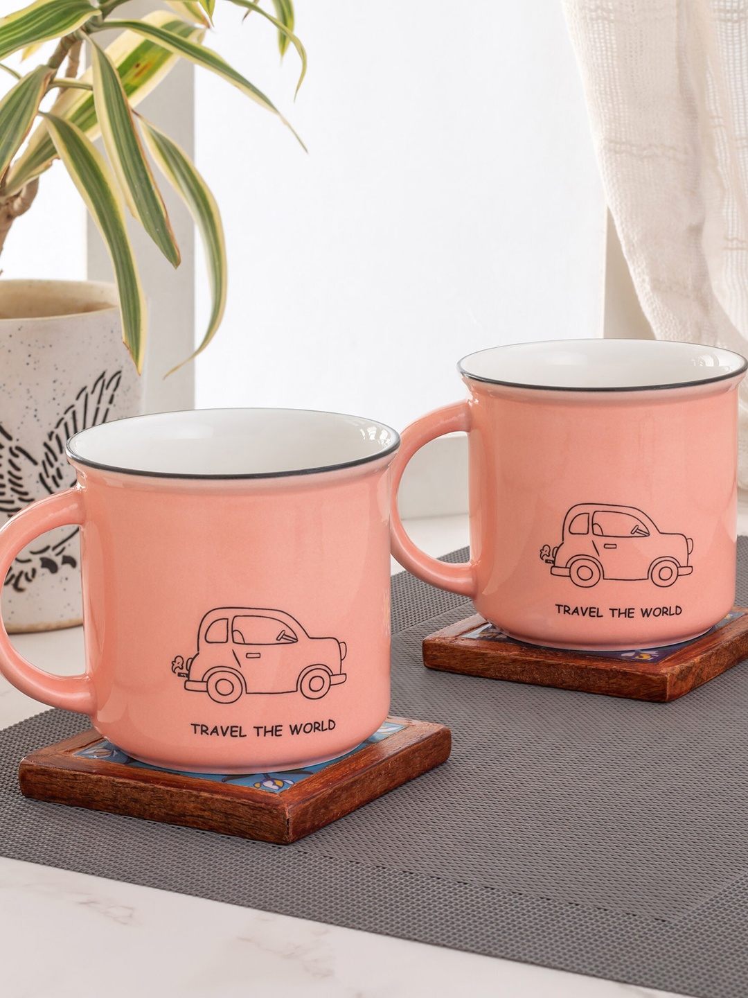 JCPL Fine Ceramic 2 Pieces Peach-Colored Printed Mugs