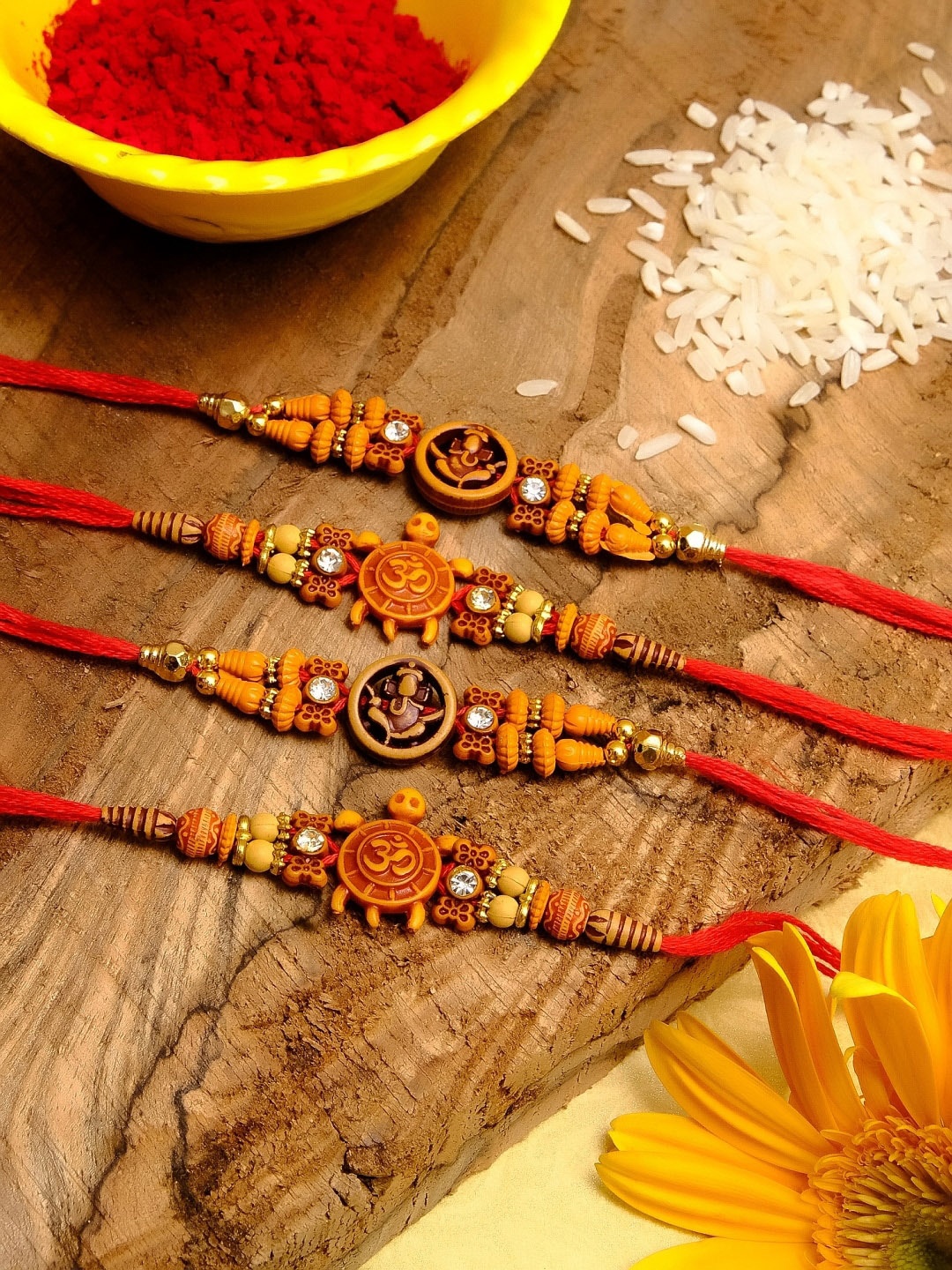 

Crunchy Fashion Men Set of 4 Stone-Studded Beaded Rakhi, Red