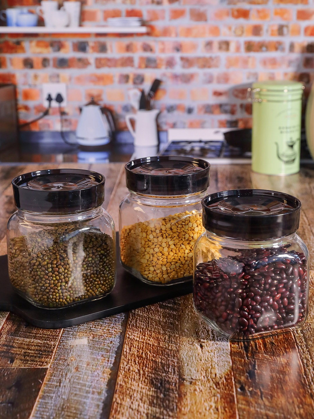 

GOODHOMES Set Of 3 Transparent & Black Glass Storage Jars With Lid