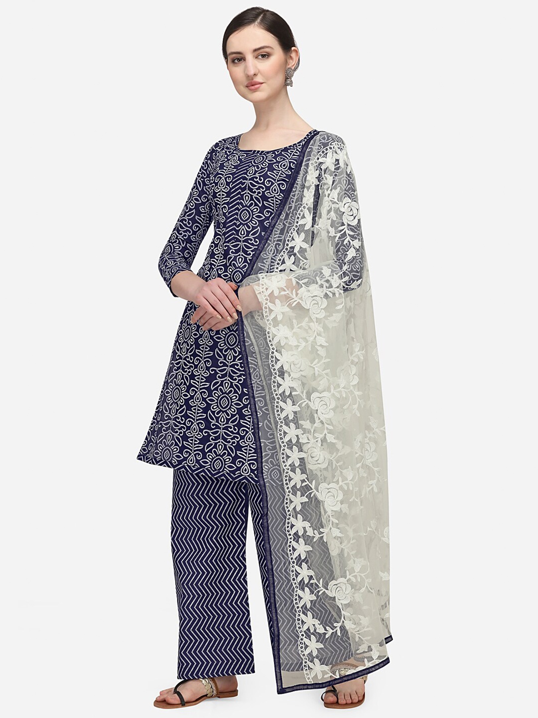 

Ethnic Junction Navy Blue & Off-White Cotton Blend Unstitched Dress Material