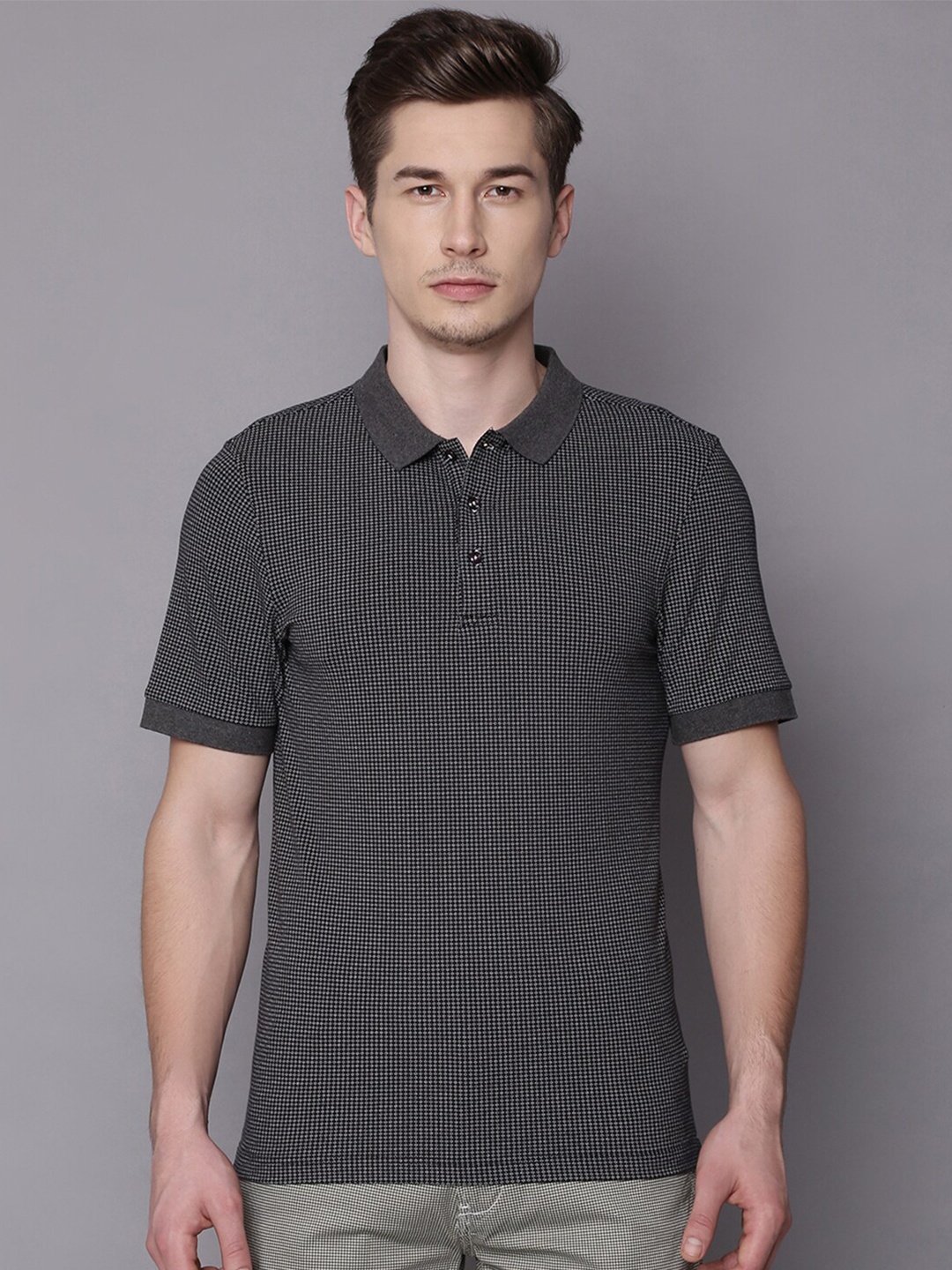 

Bruun & Stengade Men Charcoal Self Design Polo Collar T-shirt
