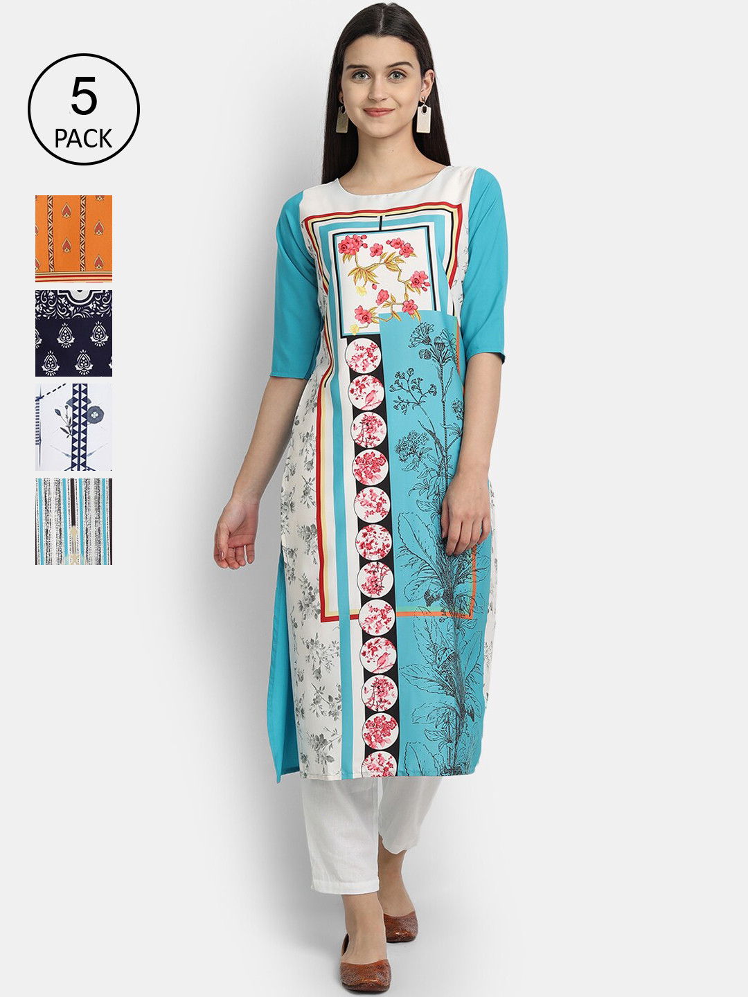 

Ethnic basket Women Pack Of 5 Printed Crepe Kurta, Blue