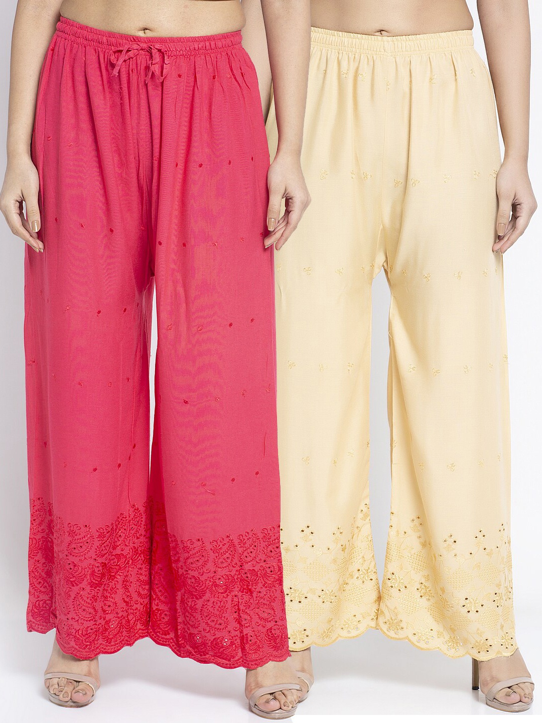 

GRACIT Women Pink & Beige Set of 2 Embroidered Wide Leg Palazzos