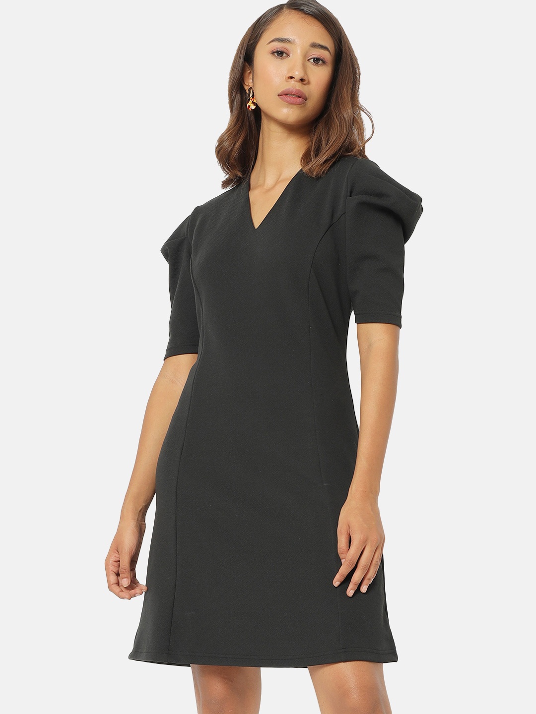 

Saaki Black Puff Sleeves A-Line Dress