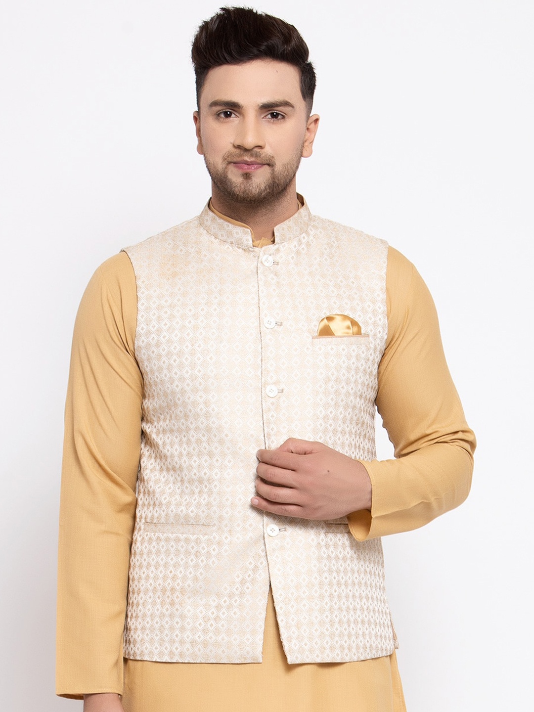 

MAXENCE Men White Woven-Design Cotton Nehru Jacket