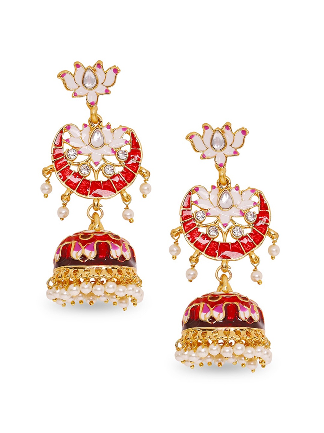 

Mahi Maroon Gold-Plated Kundan Studded & Beaded Meenakari Dome Shaped Jhumkas