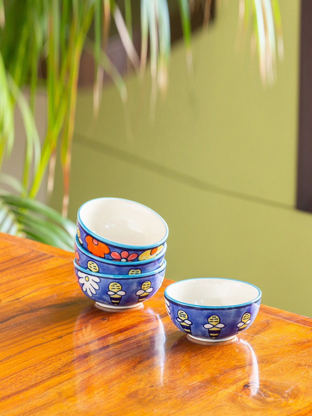 

ExclusiveLane Blue Set Of 4 Printed Hand-painted Ceramic Bowls