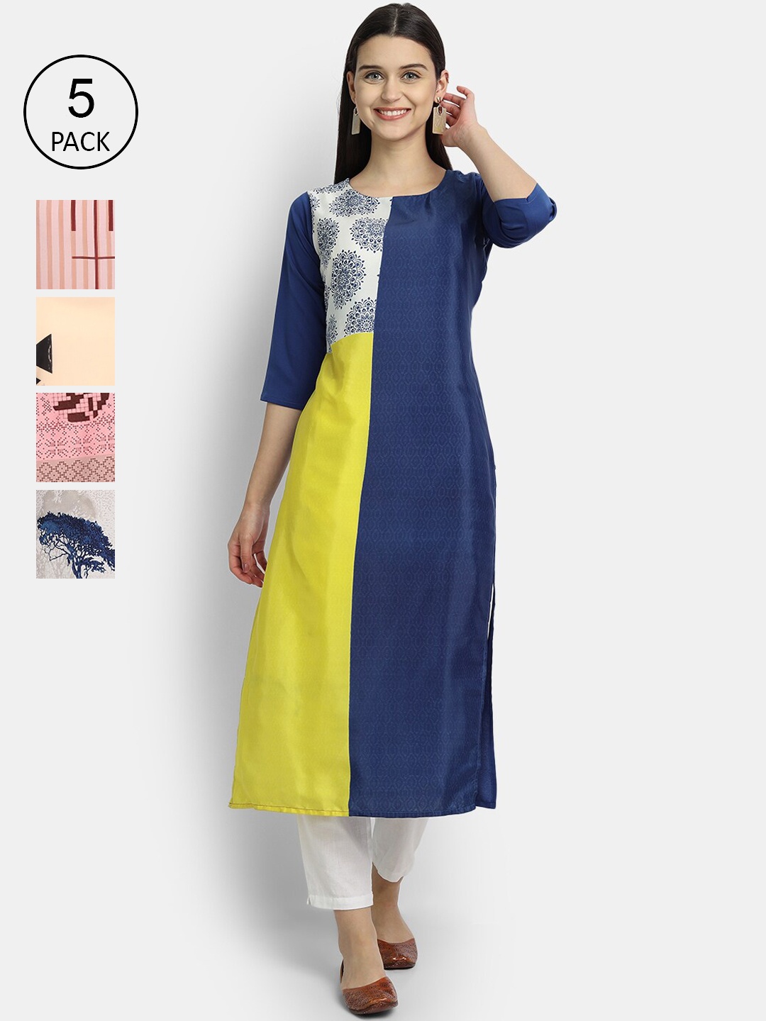 

Ethnic basket Women Pack Of 5 Ethnic Motifs Printed Crepe Kurta, Multi
