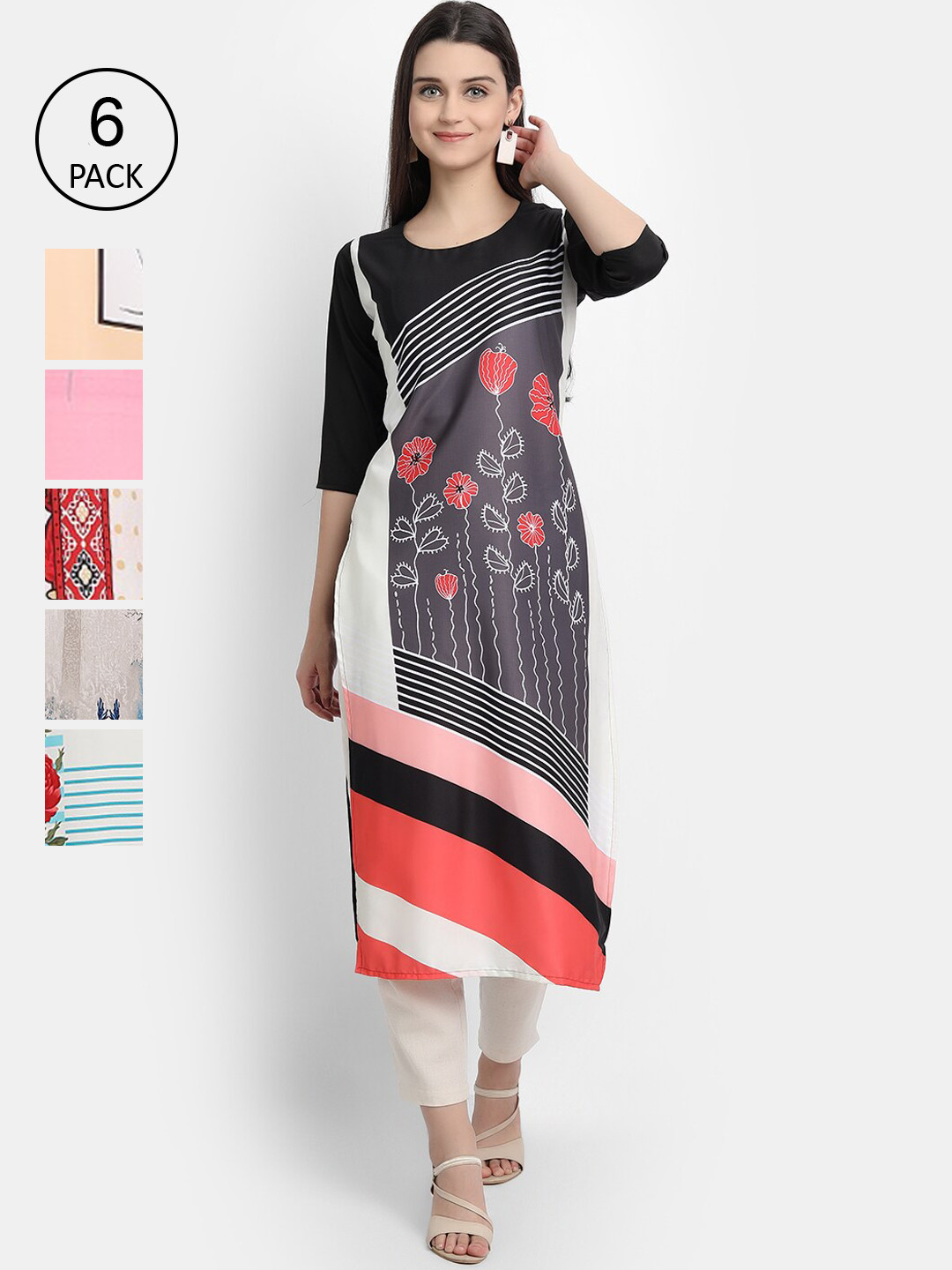 

Ethnic basket Women Pack of 6 Geometric Printed Crepe Kurta, Multi