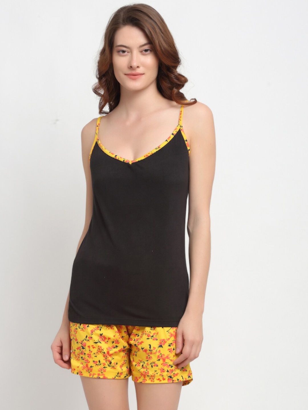 

NEUDIS Women Black & Yellow Solid Night suit