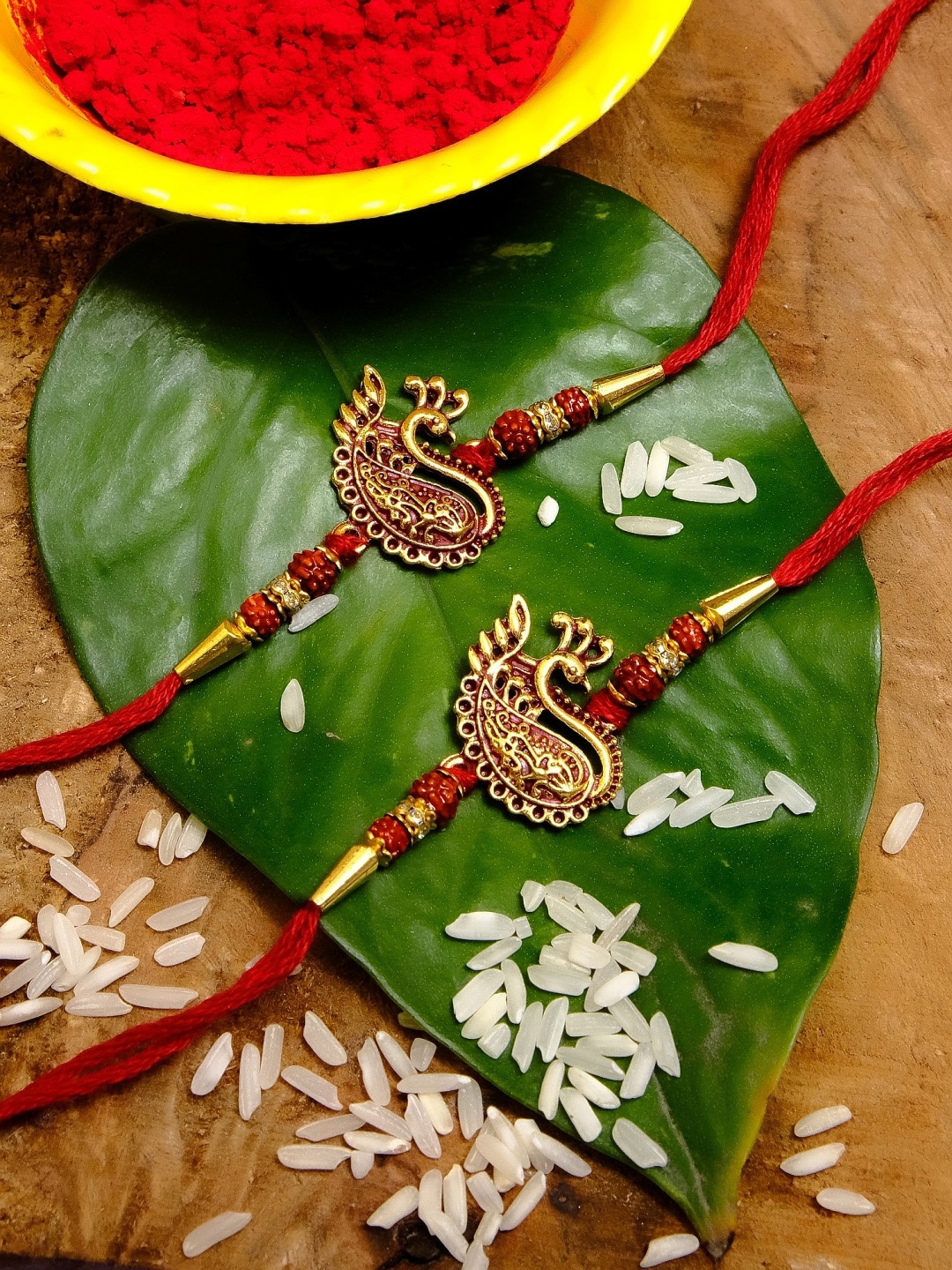 

Crunchy Fashion Men Set of 2 Gold-Toned & Red Stone-Studded & Beaded Rakhi